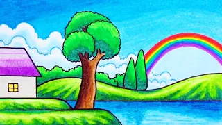 How To Draw Easy Rainbow Over The Hill Scenery | Drawing Rainbow Scenery With Oil Pastel and Pecils