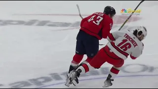 Tom Wilson big hit on Vincent Trocheck in center ice