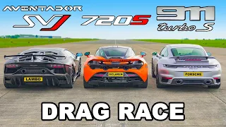 Lamborghini SVJ v McLaren 720 v 911 Turbo S: DRAG RACE