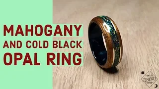 Mahogany Wood with Cold Black Bello Opal and Brass Bentwood Ring