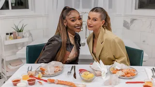 Normani & Hailey Bieber eat crab legs & play a game of Champagne Pong | WHO'S IN MY BATHROOM?