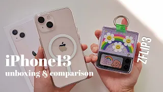 iPhone 13 unboxing & comparison to galaxy Zflip3 + MagSafe accessories 🌸 pink aesthetic 아이폰13