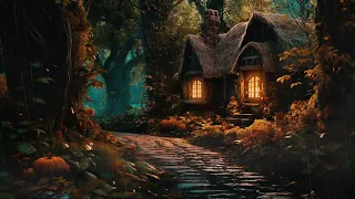 Halloween Forest Ambience 🎃 | Rain and Wind | Cozy Witch's House | Relax | Study | Sleep