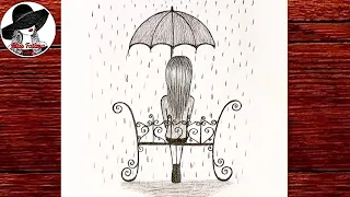 Как Нарисовать Девушку С Зонтом На Лавочке | Как Нарисовать Дождливую Погоду | Девушка Под Дождем