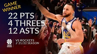 Stephen Curry 22 pts 4 threes 12 asts vs Rockets 21/22 season