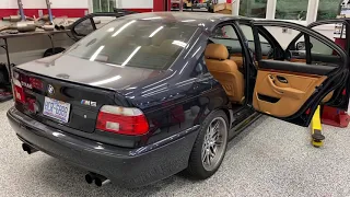 100k mile Dinan E39 M5 full caramel leather interior restoration by Fibrenew North Raleigh