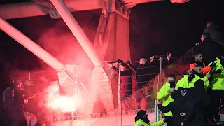 BIGGEST French Scandal: Paris FC v Lyon  flares being thrown and fireworks set off.