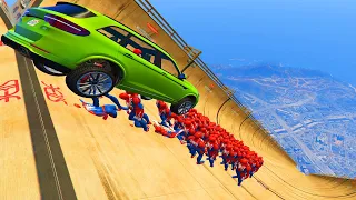 100 Spiderman Ragdoll on Mega Ramp - GTA 5 Gameplay Ragdolls
