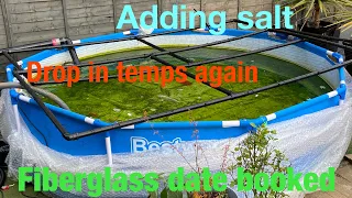 Quick look at the Koi and a update on Fiberglass # koi pond #pondbuild #salt