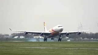 Final landing Surinam Airways Airbus A340 at AMS