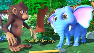 Foolish monkey and elephant English funny story || Mad Monkey monkey cutting tree @Fairytales3Dall