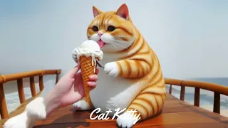 cute expression of a cat eating ice cream