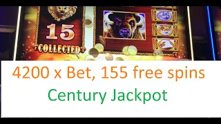 15 Buffalo Heads, 4200 x bet, 155 free spins, Century Jackpot