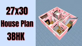 27x30 house plan 3bhk || 3 Bedrooms Ghar Ka Naksha || 27X30 House Design || Small Home Design 3D