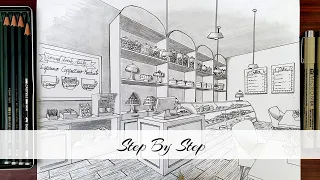 How To Draw A Bakery Shop in Two Point Perspective | Step By Step