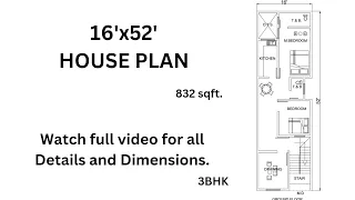 16x52 HOUSE PLAN | 16x52 HOUSE DESIGN | 3BHK | 832 Sqft PLAN |17x52 HOUSE PLAN|18x52 HOUSE PLAN|3bhk