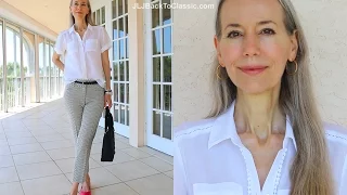 Classic Fashion/Style Over 40/50: Black And White Pants Outfit With Coral Slingback Flats