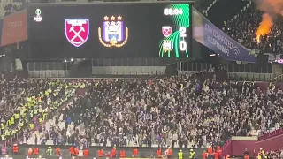 Hammers and Anderlecht fans throwing smoke and other objects at each other. West Ham 2-1 Anderlecht.