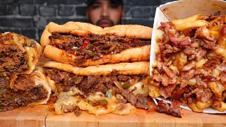 ASMR OG PHILLY CHEESESTEAK SANDWICH, TRIPLE CHEESE PHILLY CHEESESTEAK, AND BACON POUTINE REVIEW