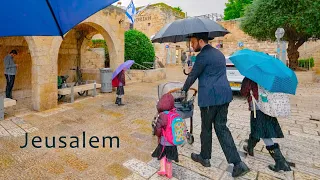 Jerusalem in the Torrential Rain. A Relaxing Stroll Through the City Streets.