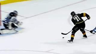 Karlsson uses slick deke to beat Hellebuyck for shorthanded goal