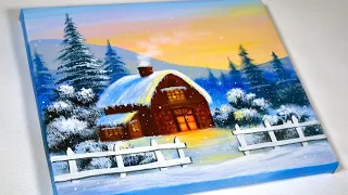 How to paint a cozy winter cabin at sunset with acrylic colour