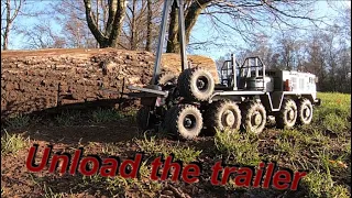 Cross RC BC8 Mammoth MAZ 537 with a timber transport trailer fights to get wood out of the forest