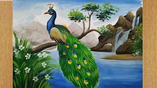 how to draw a peacock step by step with poster color,poster color scenery painting,peacock drawing,