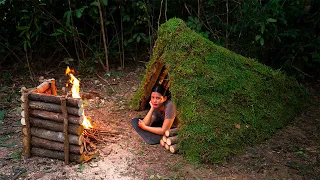 SURVIVAL EARTH LODGE HOUSE - Moss Roof Shelter Build - Overnight Alone in The Woods