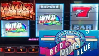 Rare Old Flaming Bonus 7s slot machine + 5 Times Pay Red White & Blue + 5x 3x 2x Strike Slot Play!