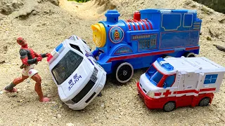 All Different Robot Superhero Toys: DEADPOOL, Leader Optimus, Train, Police cars, Ambulance Cartoon