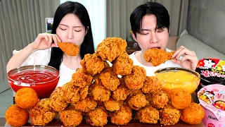 ASMR MUKBANG| Fried Chicken Tower. Fire spicy noodles, Cheese ball, Carbonara fire noodles.