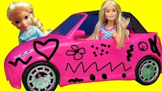 Elsa and Anna toddlers DRAW on Barbie's NEW Car! Does Barbie allow them? They draw cute things