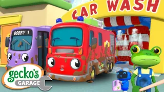 Cleaning Muddy Trucks in the Car Wash | Gecko's Garage | Trucks For Children | Cartoons For Kids