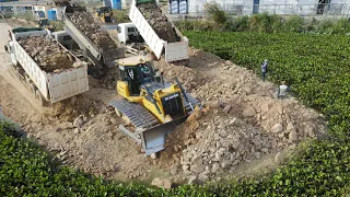 Update Building Road Project! Powerful SHANTUI Bulldozer DH7C2 Working with Dump Trucks Operated