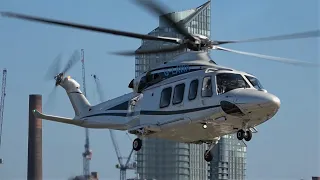 AW139 Castle Air smooth landing, startup and takeoff at London Heliport G-LAWA