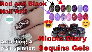 Nichole Diary Sequins Gels Red and Black Nail Art | Attaching A Nail Spinner!