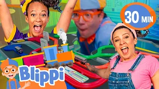 Blippi, Meekah, and Ms Rachel Play with Colorful Trains! | BLIPPI | Moonbug Kids - Color Time