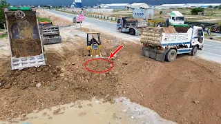 Opening best fantastic clearing lake and landfill by bulldozer D21P with dump truck unloading soil