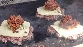 Burgers with Swiss and Blue Cheeses. London Street Food