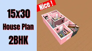 15x30 House Design 2BHK || 2 Bedrooms House Plan || 50 Gaj House Design || 3D House Plan