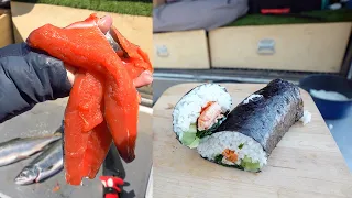 Teriyaki Salmon sushi burrito on my tailgate (Truck Catch and Cook)