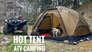 Caught in a Rain Storm ! - Back Woods ATV Hot Tent Camping.