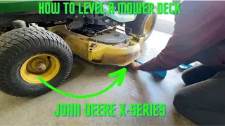 How to Adjust and Level your 48" Mower Deck on a X-series John Deere Lawn Tractor. X300, X310, X320