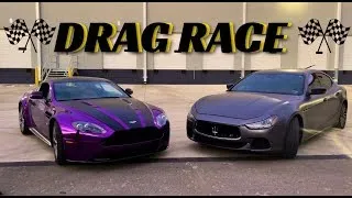 ASTON MARTIN VATAGE S VS MASERATI GHIBLI SQ4 DRAG   ROLL RACE   POV DRAG RACE