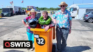 Eccentric engineer beats speed record after reaching 55mph - in a wheelie bin | SWNS