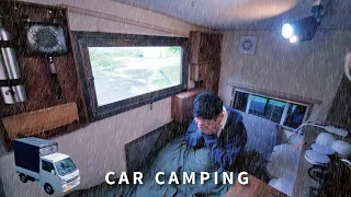 [Rain car camping] Solo camping in heavy rain | DIY light truck camper | 108