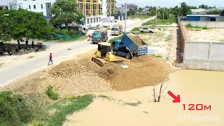 Starting New Project Fill The Land By Mini Dump Trucks & Shantui Bulldozer Pushing Soil Into Water