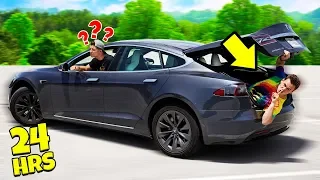 Hiding In Preston's TESLA For 24 Hours!