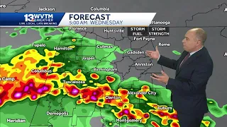 Strong storms move into Alabama overnight and last through most of Wednesday